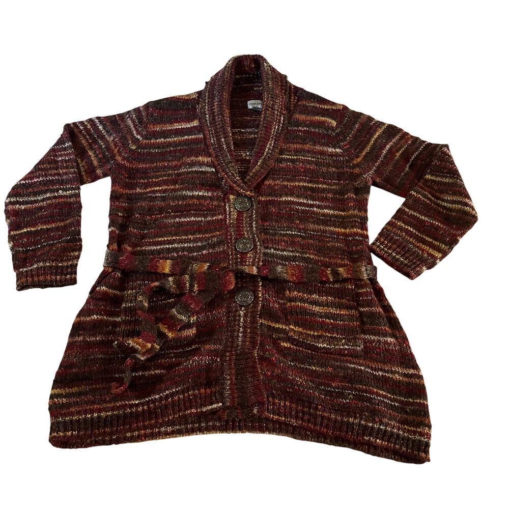 Chicos Red Stripe Cowl Neck Belted Button Cardigan Sz 3/XL Thick Knit